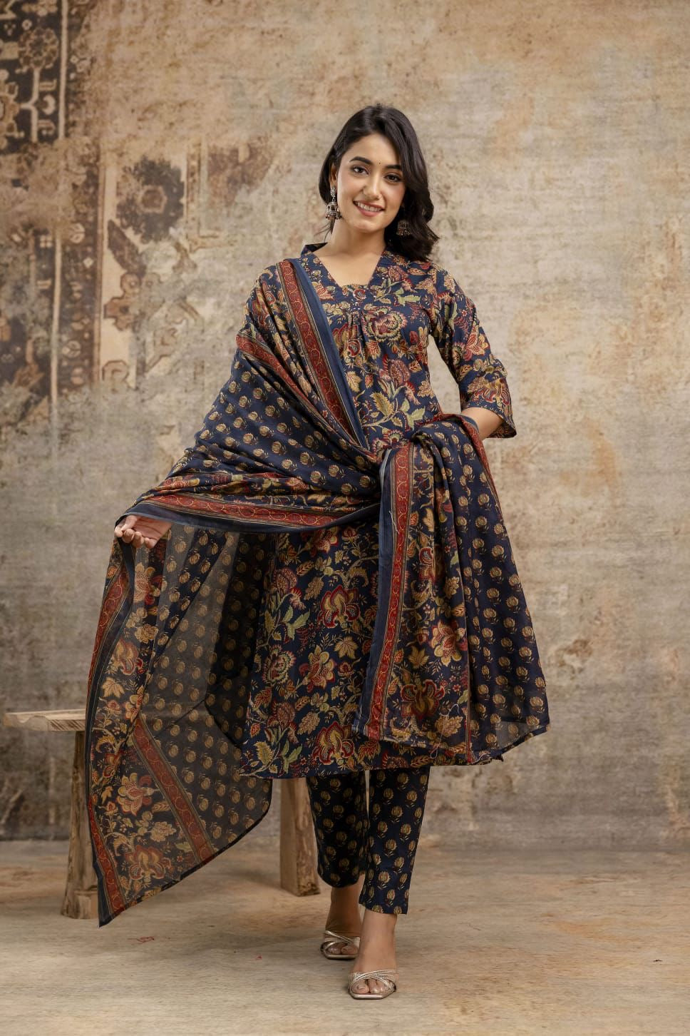 Indigo Floral Kalamkari Cotton 3-Piece Suit Set | Jaipuri Ethnic Wear for Women