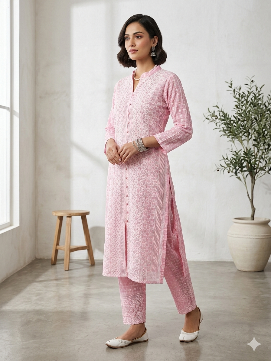 Blush Chikankari Straight Cotton Suit Set – RadhyaCollection