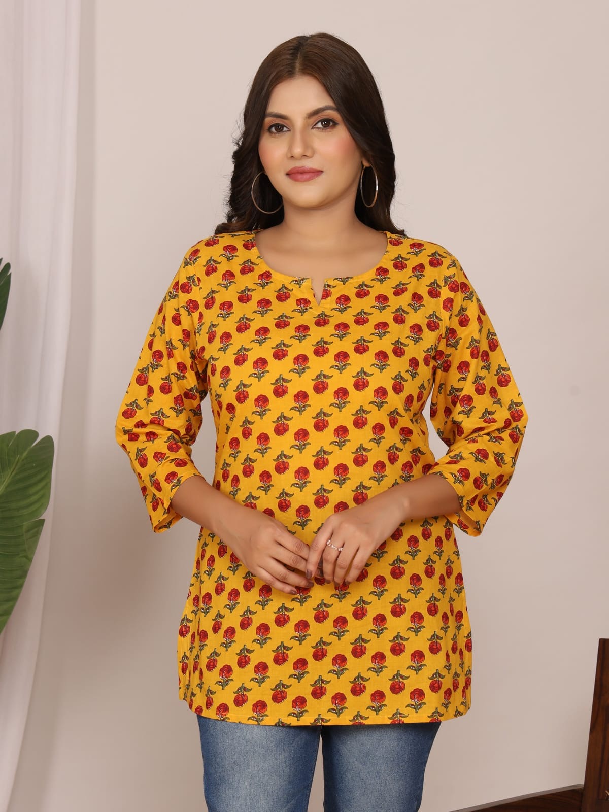Mustard Yellow Red Buti Cotton Short Top – Radhya