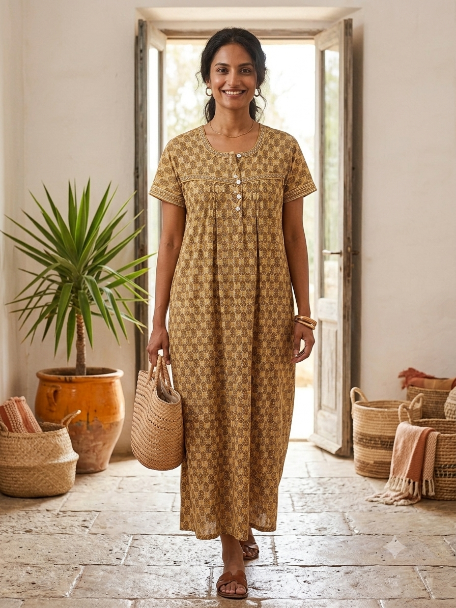 Earthy Ochre Hand-Block Printed Lounge Maxi