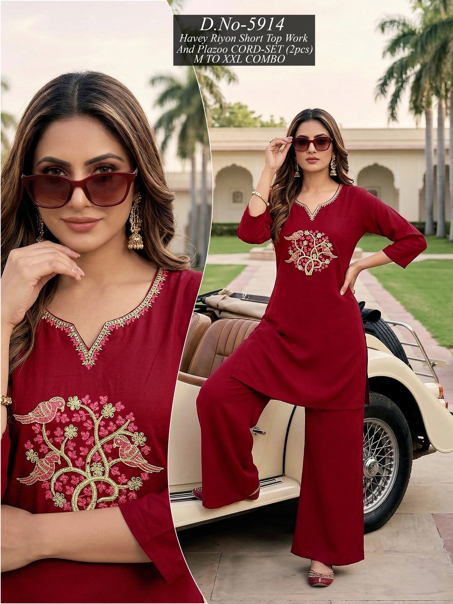 Elegant Maroon Rayon Tunic & Palazzo Co-ord Set with Intricate Bird Embroidery