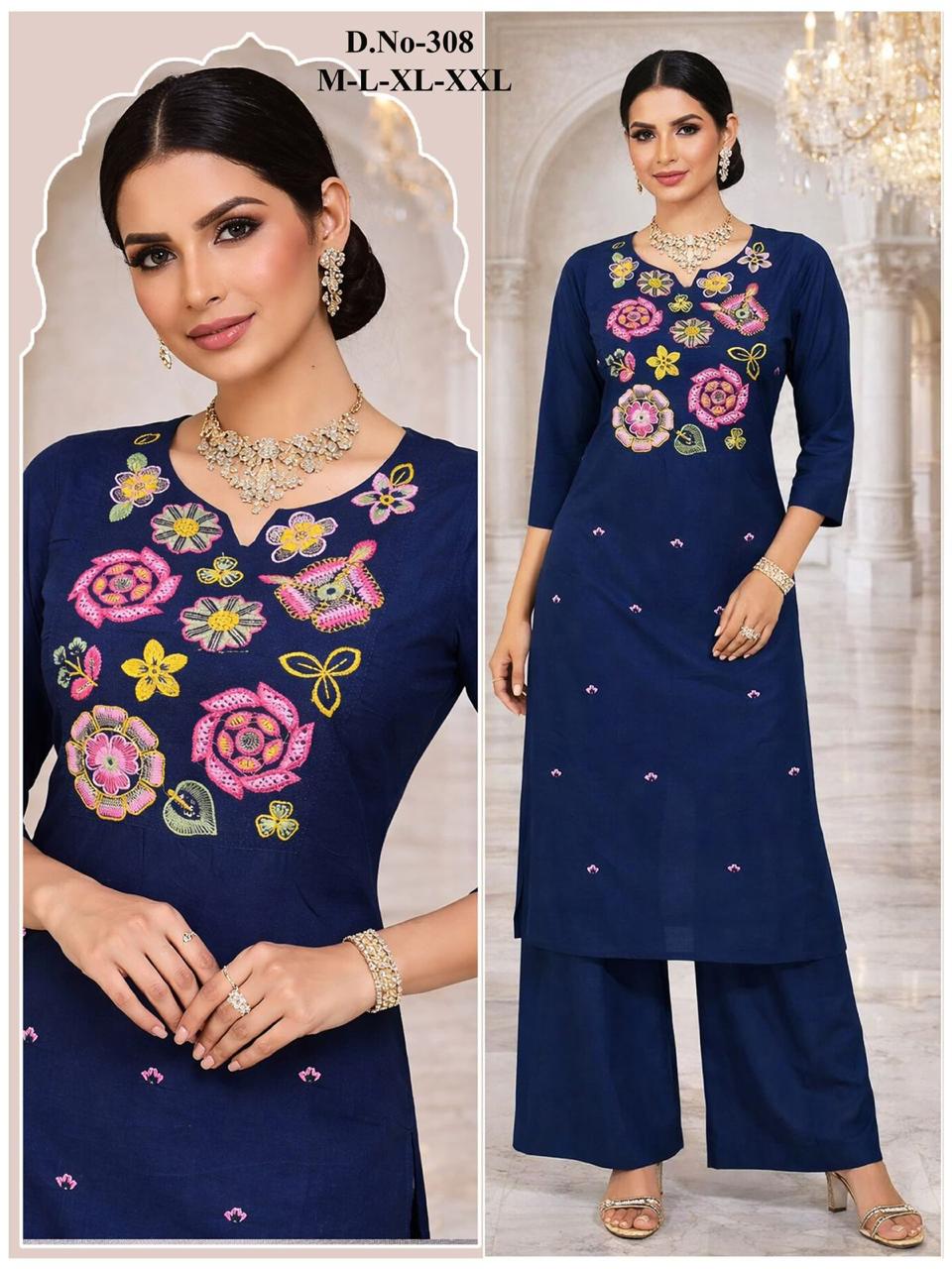 Navy Blue Embroidered Kurta & Palazzo Set (S-XXL) | Women's Ethnic We