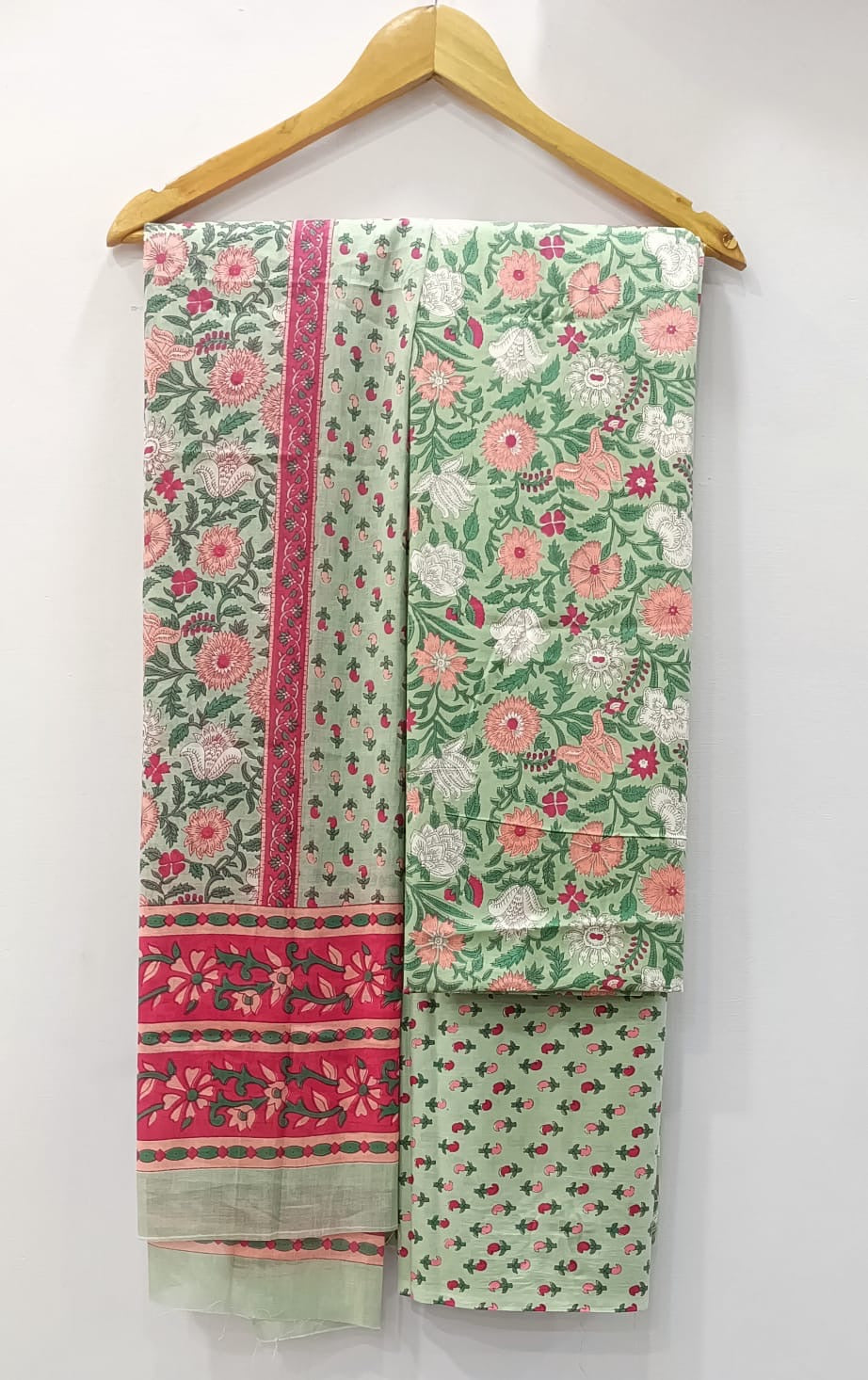 White & Green-Pink Floral Print with Pink Border Unstitched Cotton Suit with Mulmul Dupatta – Radhya
