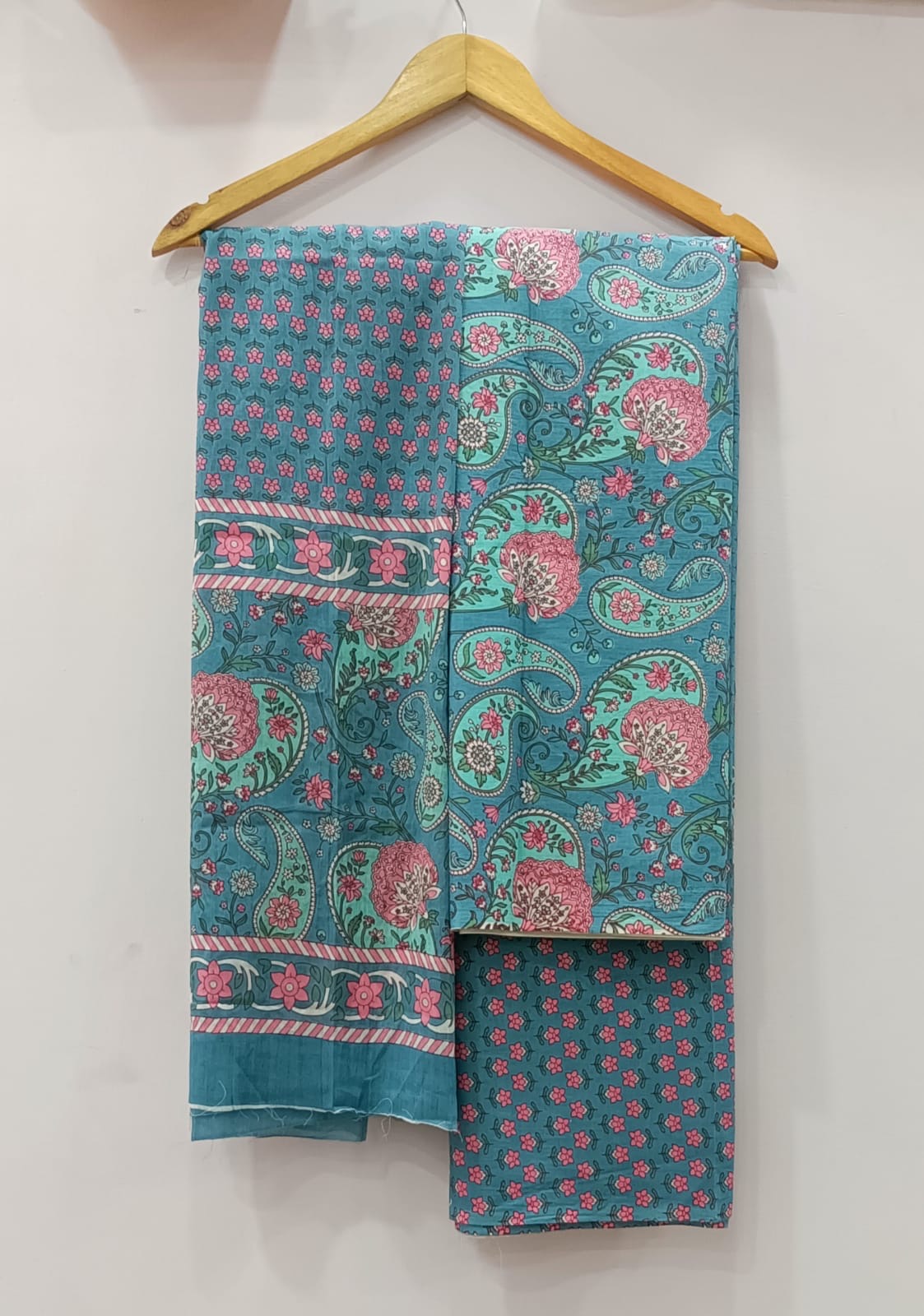 Teal Blue & Pink Paisley Floral Print Unstitched Cotton Suit with Mulmul Dupatta – Radhya