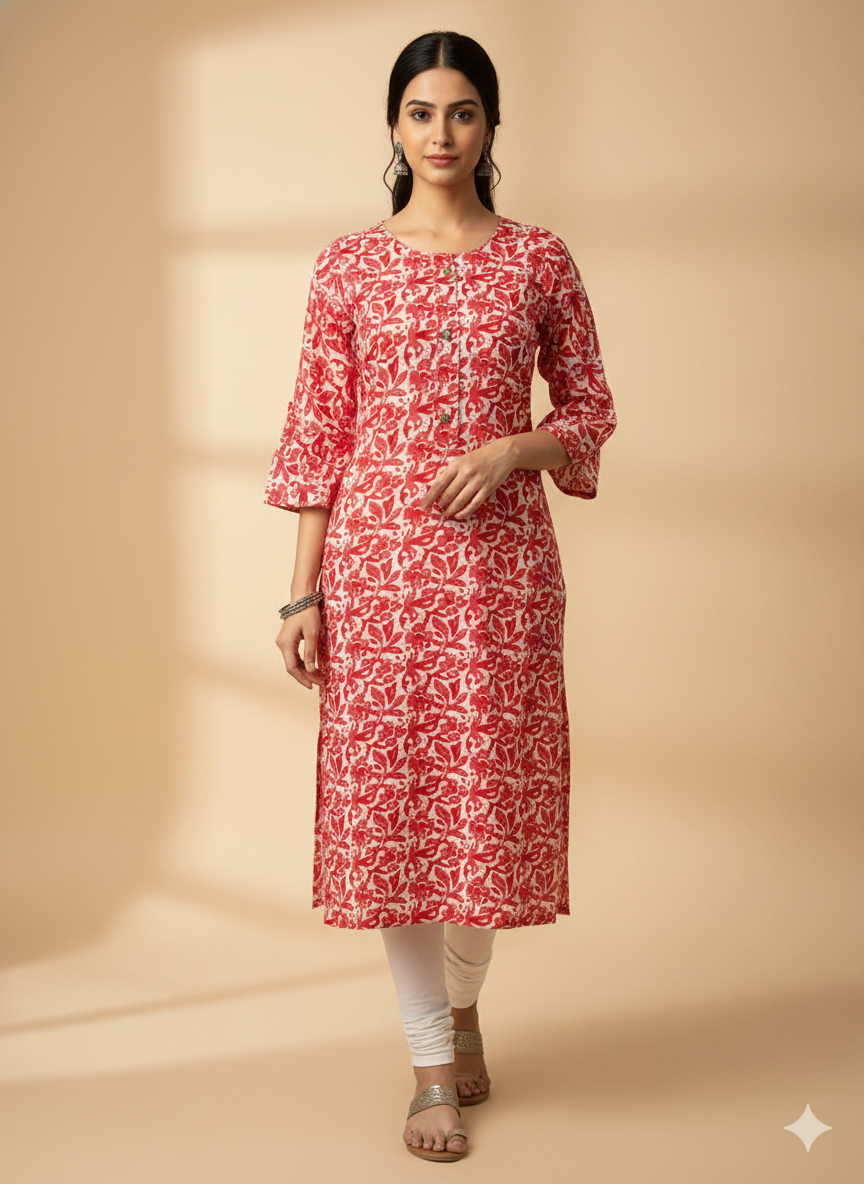 Crimson Bloom Floral Straight Kurti