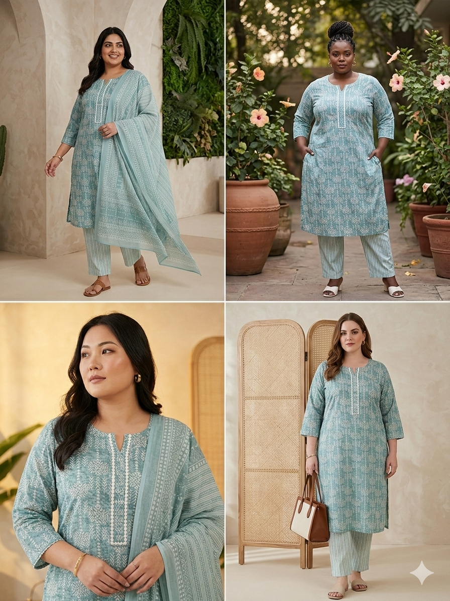 Serene Sage Printed Kurta Set | Plus Size