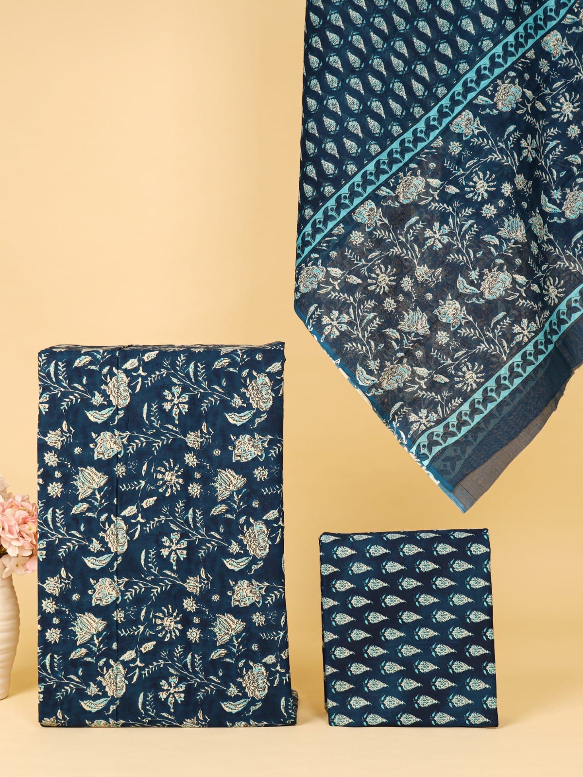 Navy Blue Floral Print Unstitched Cotton Suit with Mulmul Dupatta – Radhya