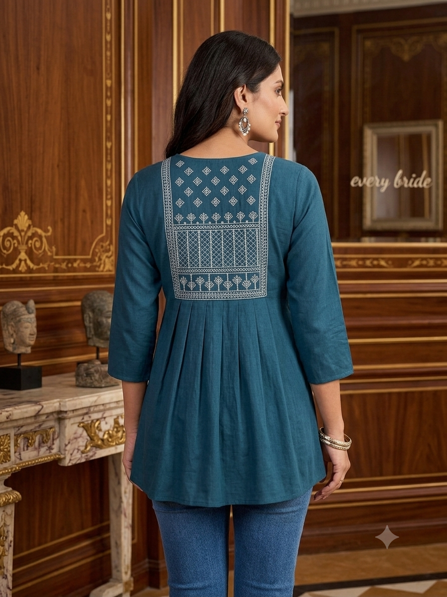 Elegant Embroidered Rayon Short Tunic by Radhya-BLUE