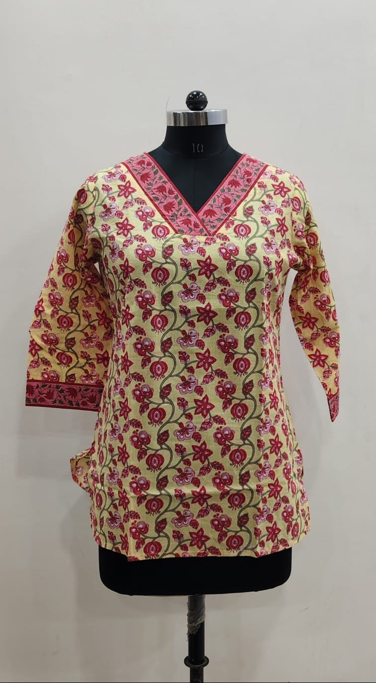 Cream & Red Floral Cotton Short Top – Radhya