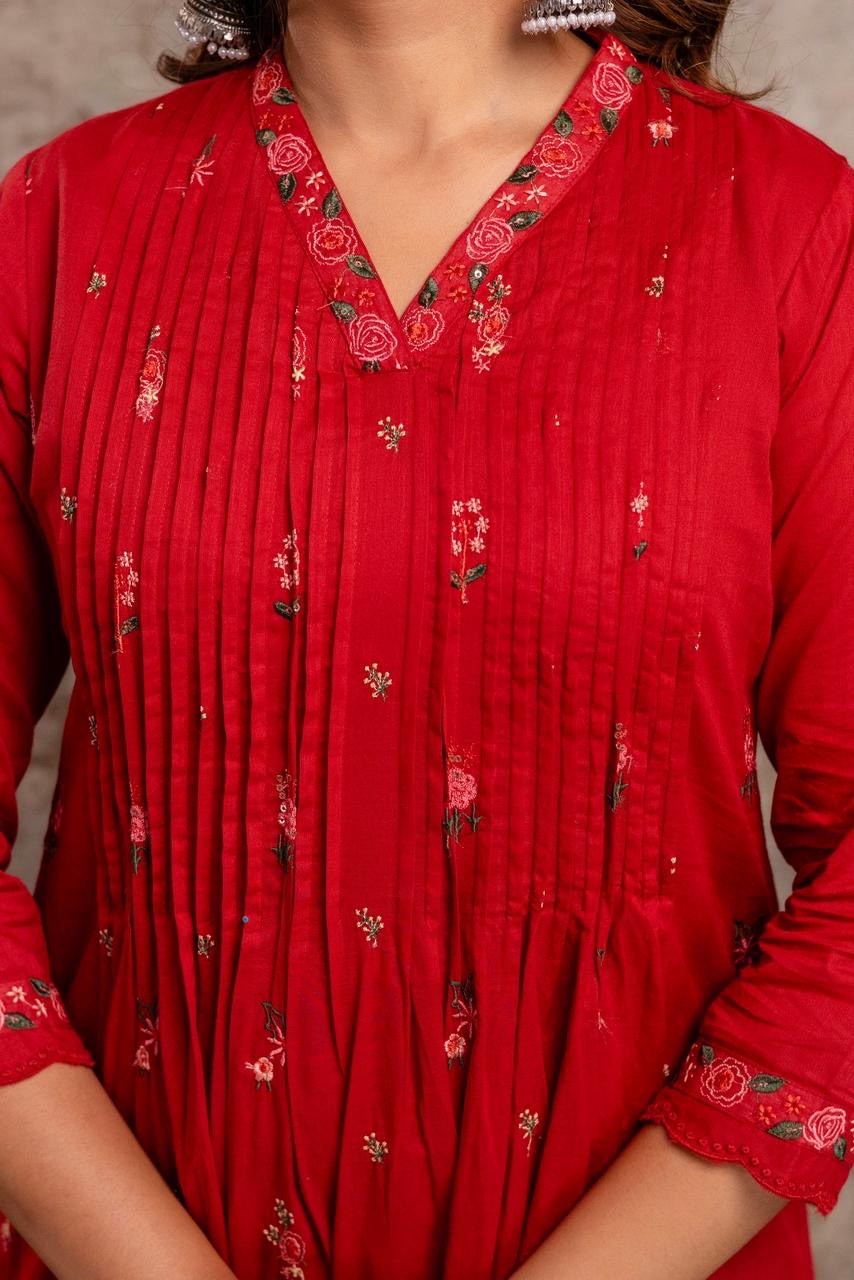 Red Embroidered Mul Cotton Kurta Set with Dupatta