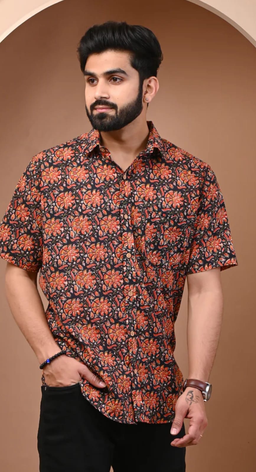 Navy Blue Tropical Floral Hand Block Printed Cotton Shirt