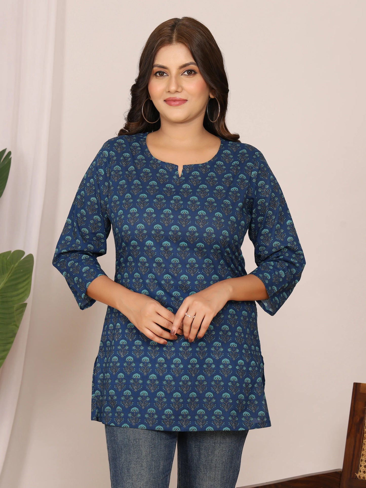 Indigo Floral Print Cotton Short Kurti