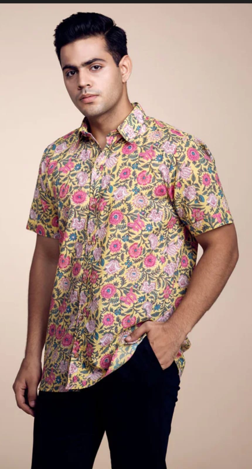 Yellow Pink Floral Hand Block Printed Cotton Shirt