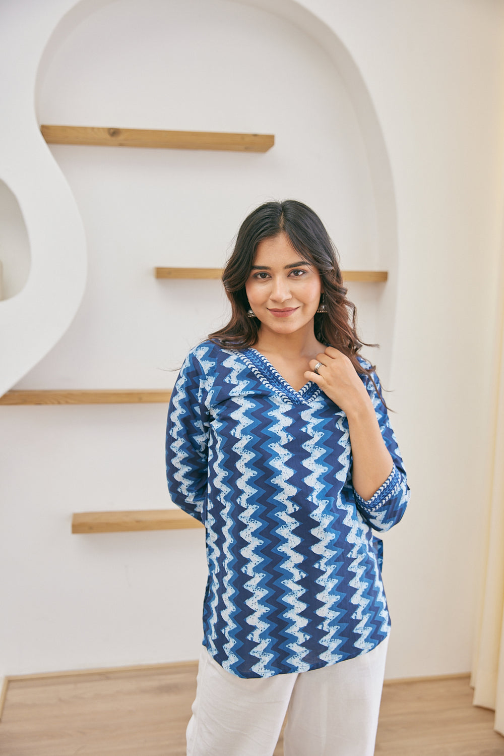 Indigo Zig-Zag Block Print Short Kurti