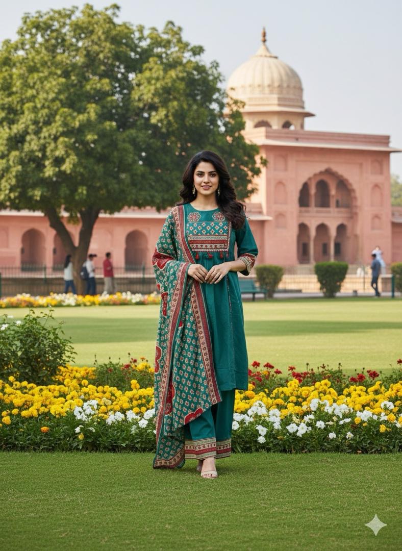 Embroidered Anarkali Kurta Set with Bandhani Print Dupatta