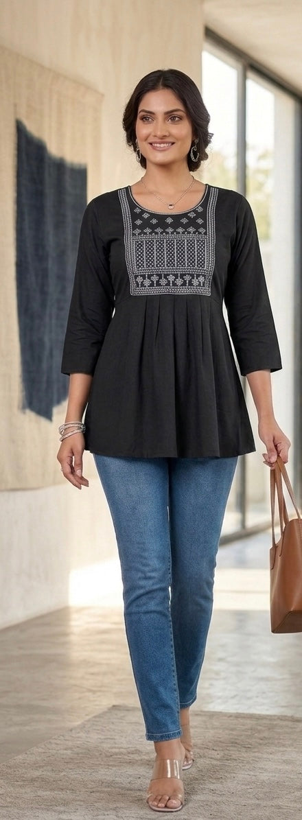 Elegant Embroidered Rayon Short Tunic by Radhya -BLACK