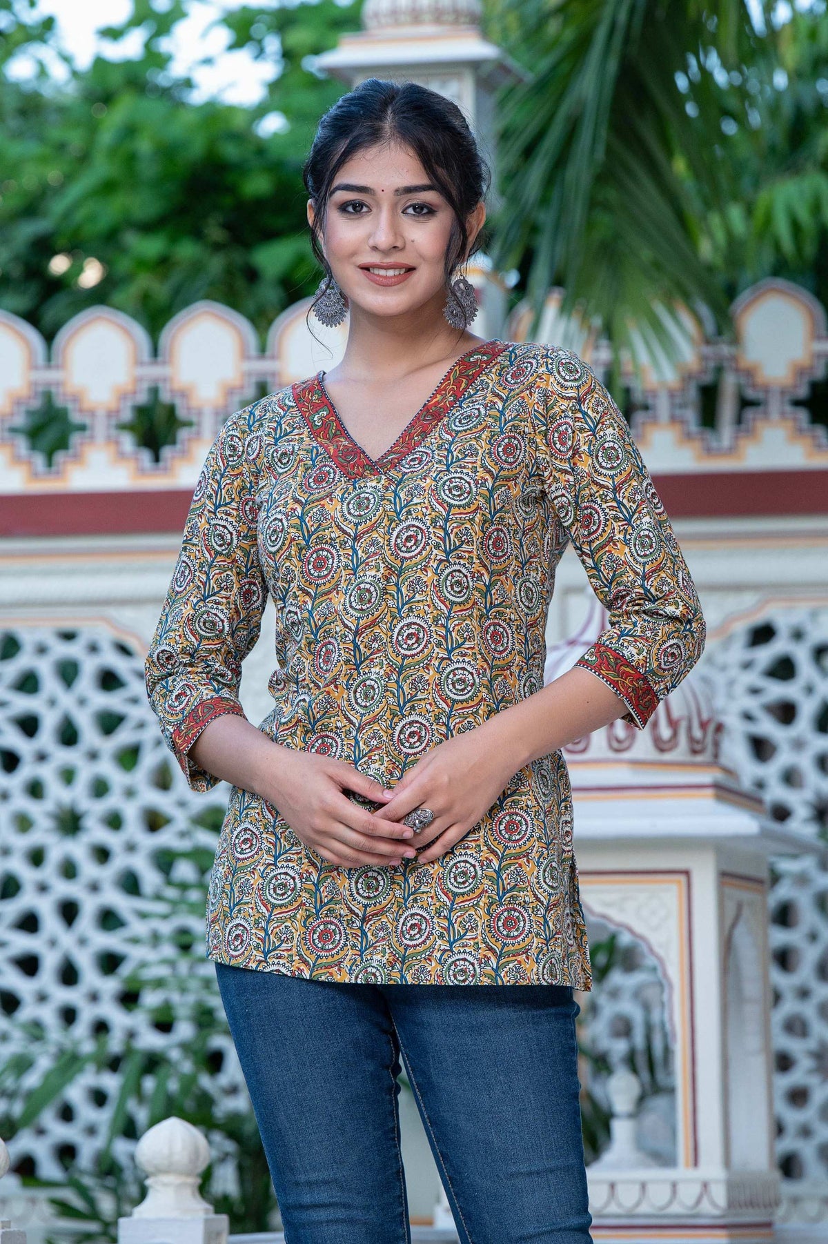 Radhya Ajrakh V-Neck Cotton Kurti Top