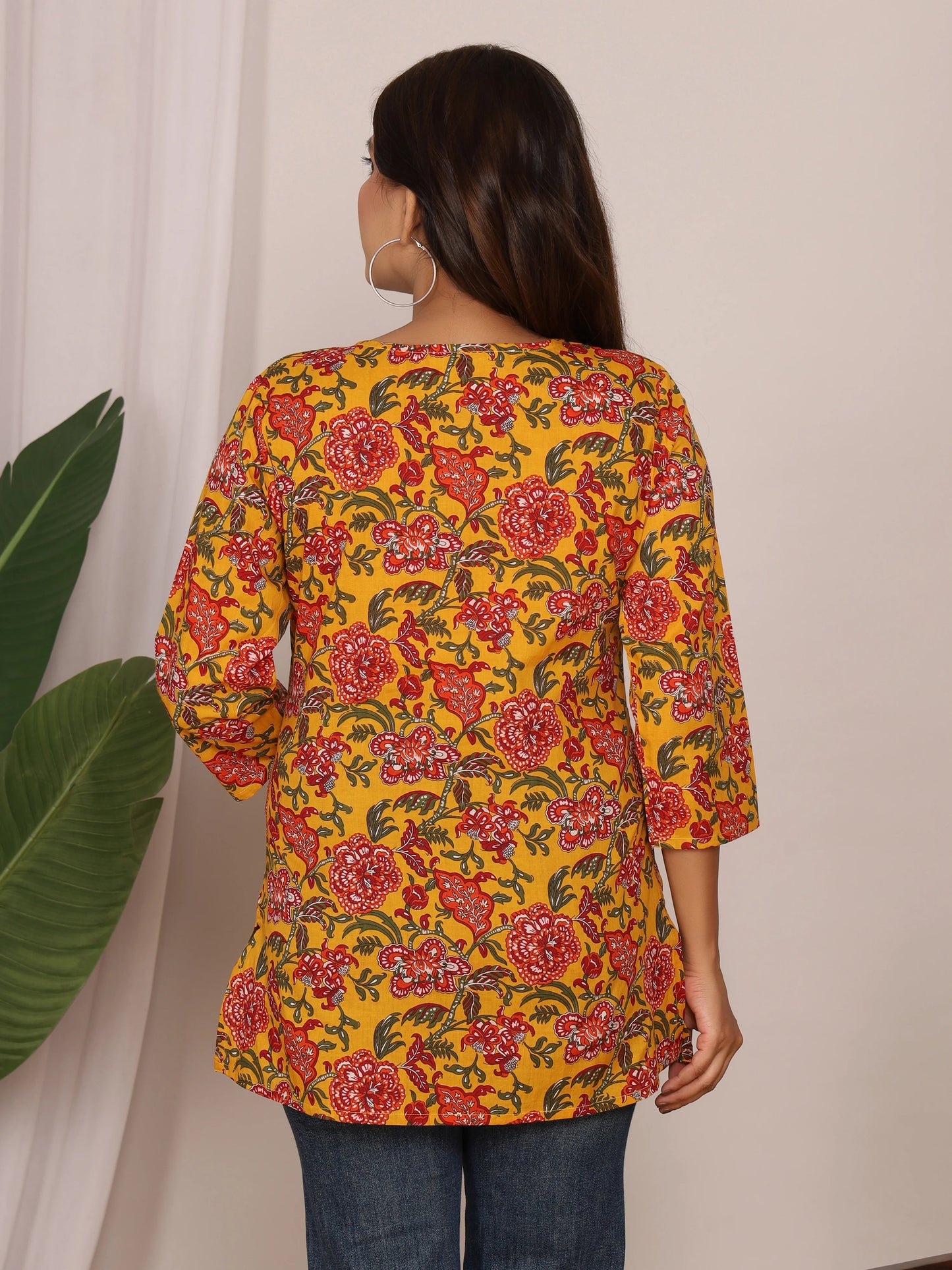 Mustard Yellow Floral Jaipuri Handblock Cotton Short Kurti