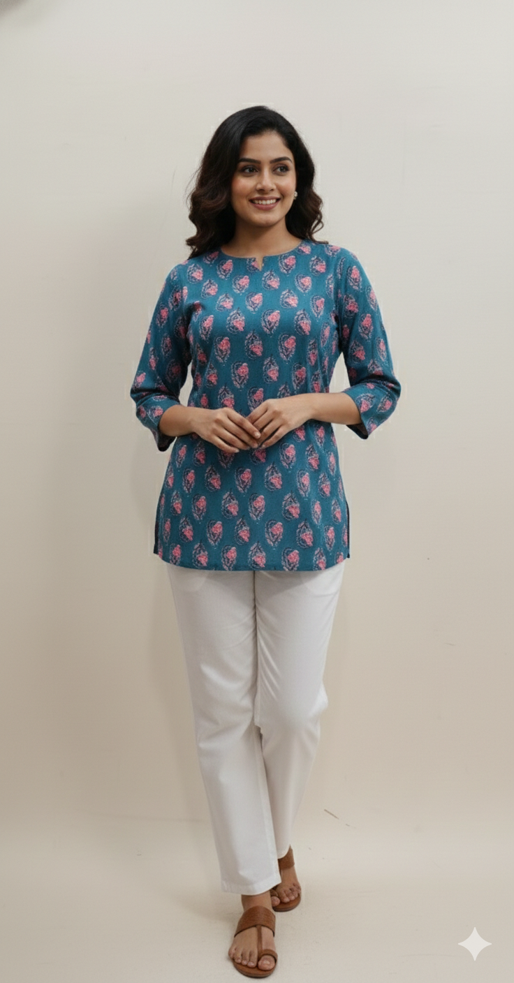 Floral Block-Print Cotton Short Kurti