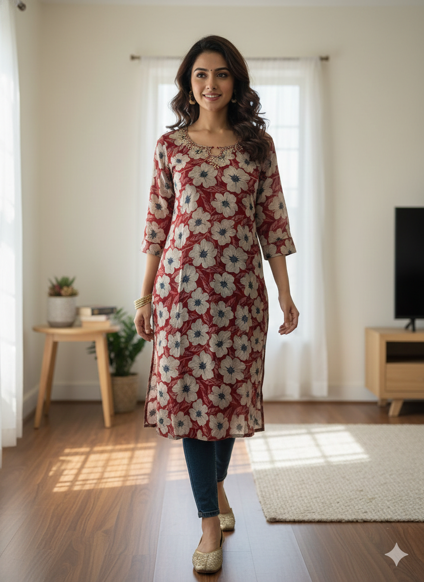 The Floral Crimson Muse Kurti