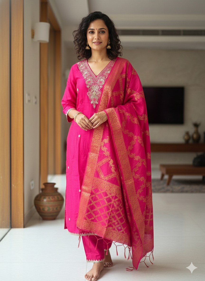 Radiant Magenta Art Silk Suit with Heavy Banarasi Dupatta