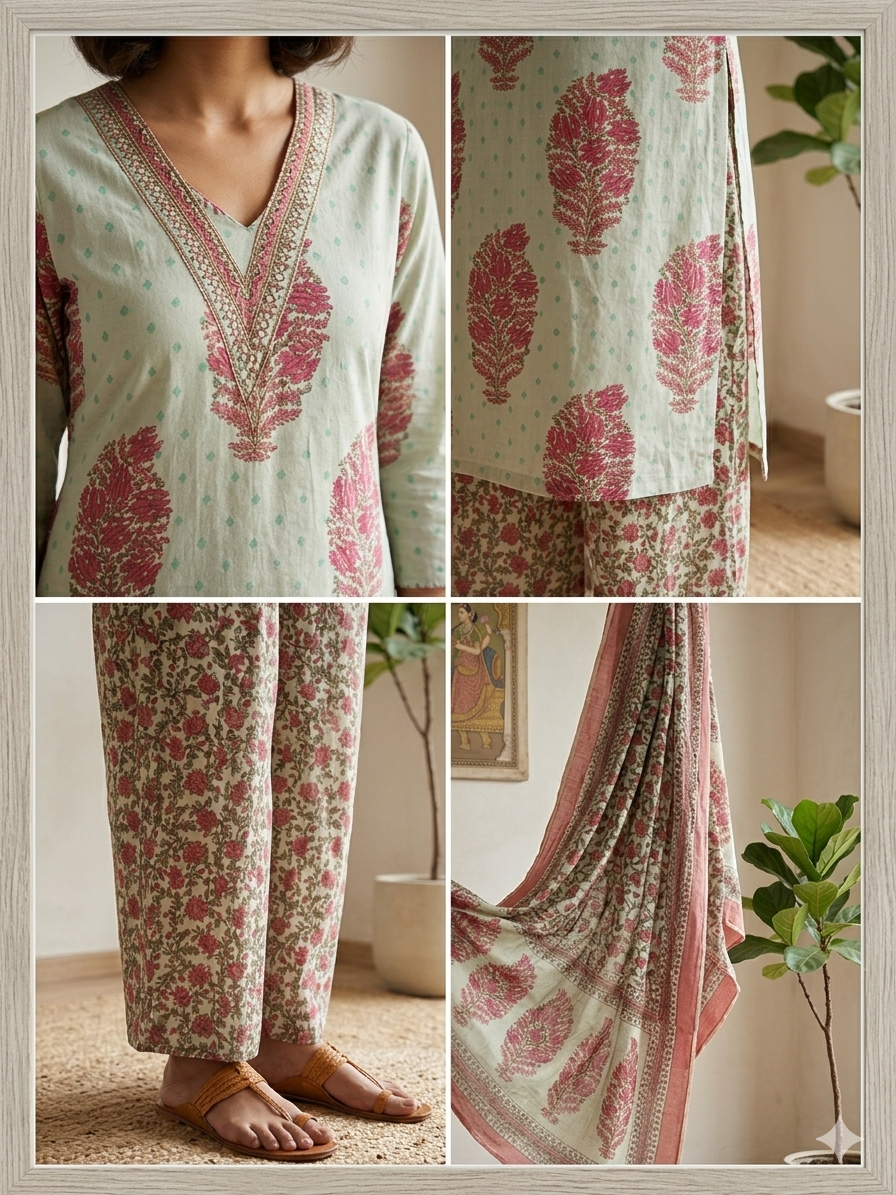 Jaipuri Handblock Printed 3-Piece Ethnic Set