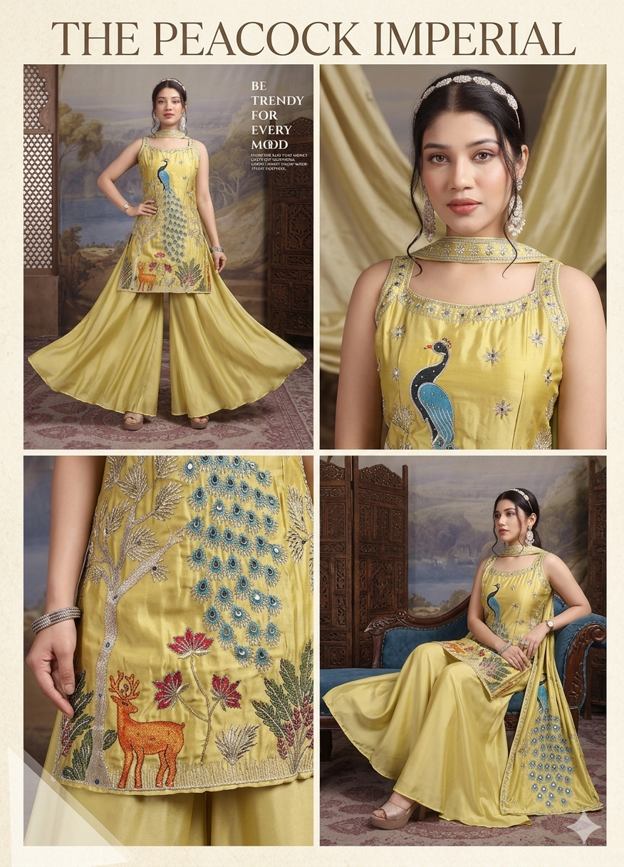 Lime Yellow Silk Sharara Set with Peacock Embroidery & Flared Pants