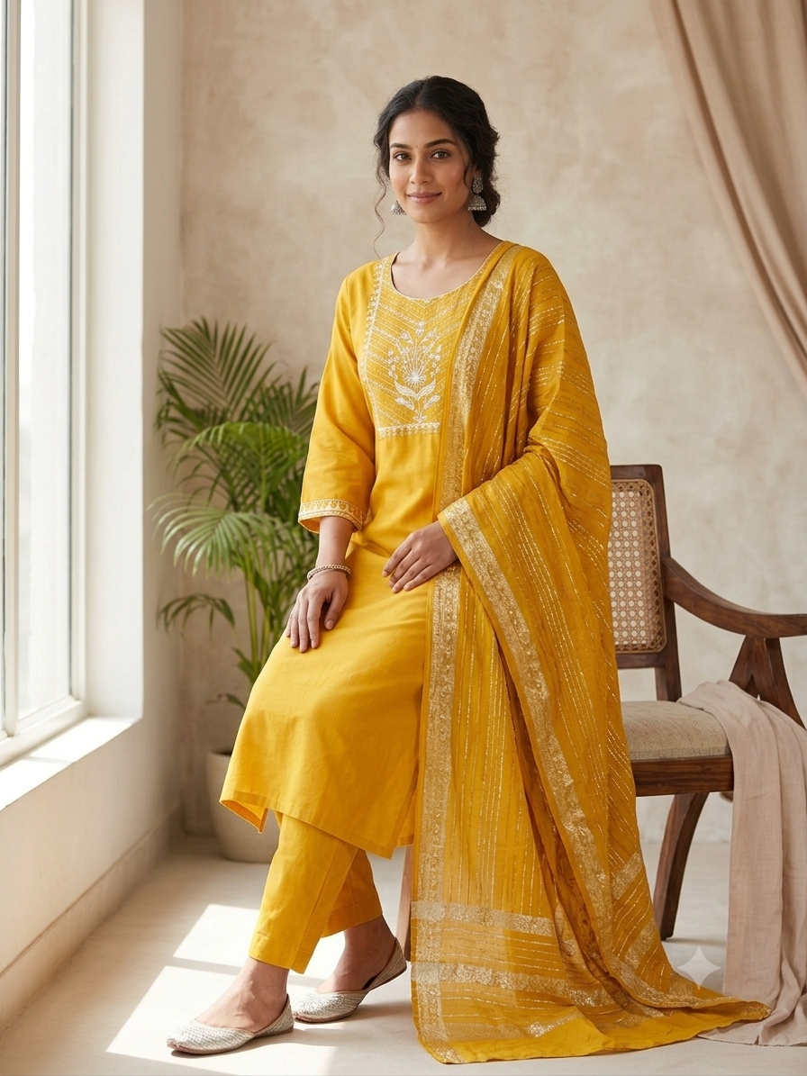 Mustard Melody Embellished 3-Piece Kurta Set