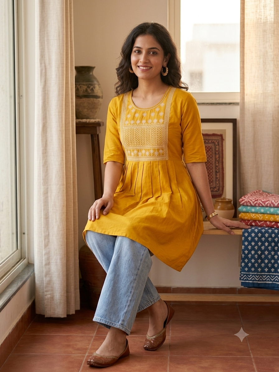 Mustard Yellow Thread-Embroidered Short Kurti