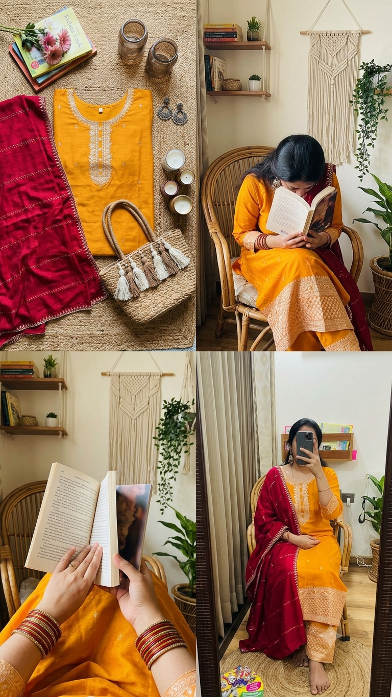 Radiant Mustard Embroidered Kurta & Crimson Dupatta Set