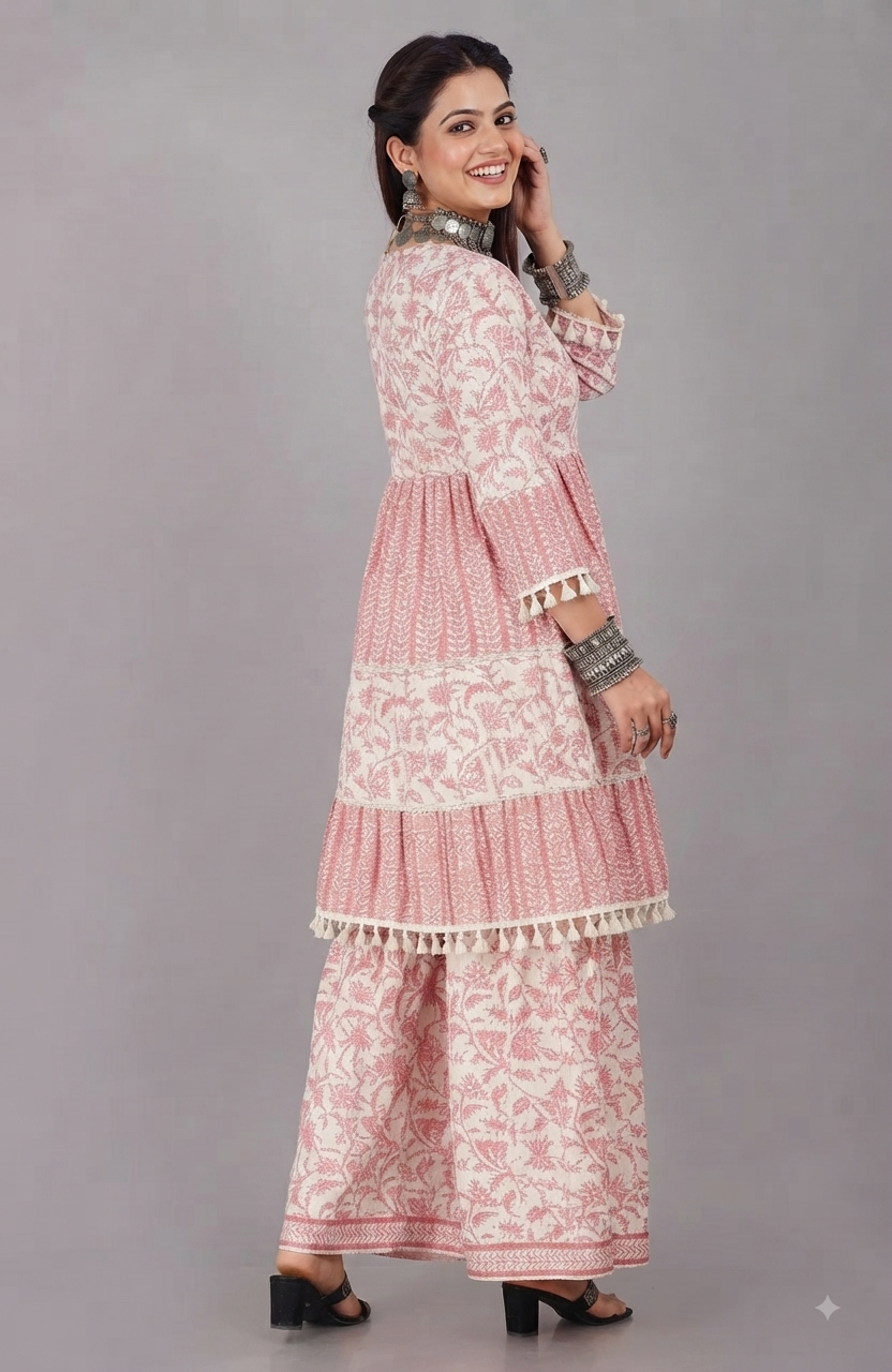 Pink & Off-White Hand-Block Printed Cotton Sharara Set