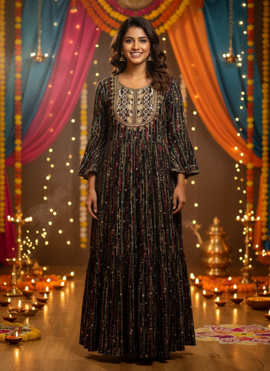 Radhya Collection Striped Embroidered Ethnic Gown