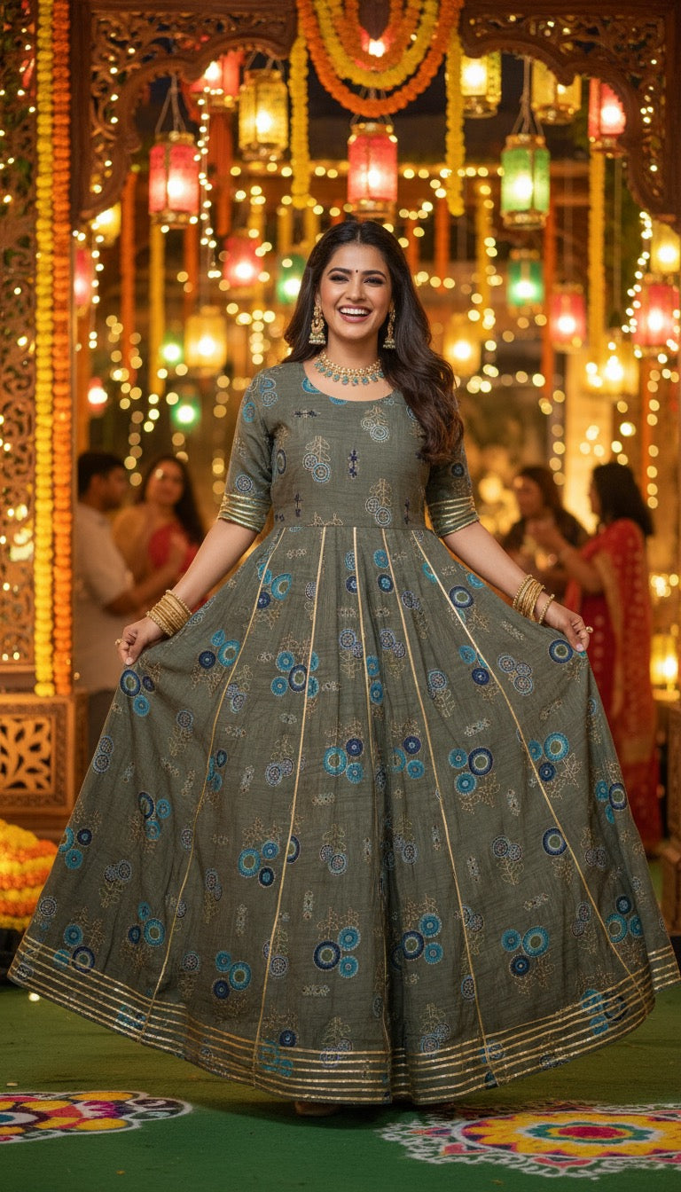Olive Mandala Cotton Anarkali Gown – RadhyaCollection