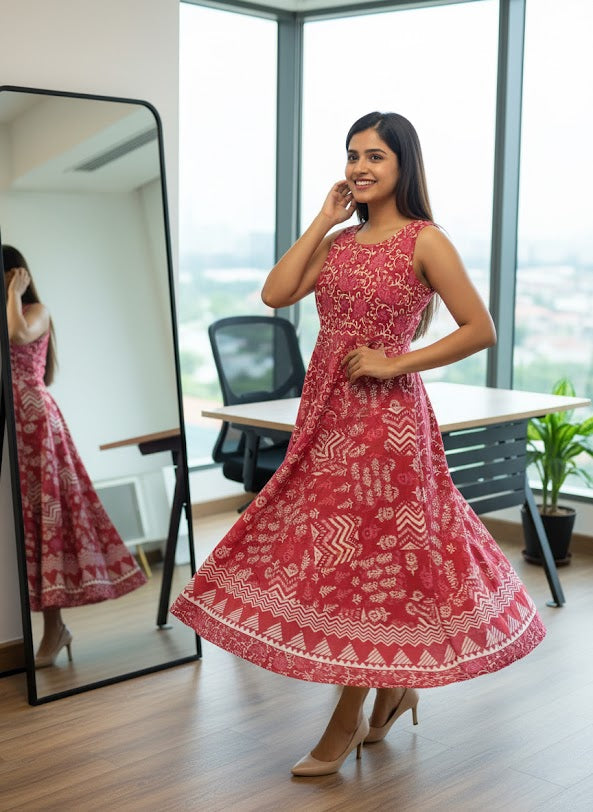 Radhya Crimson Floral & Geometric Print Sleeveless Anarkali Maxi Dress
