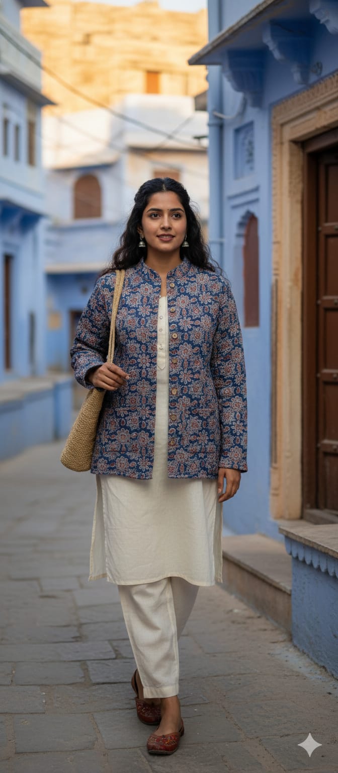 Radhya Indigo Jaipur Block Print Reversible Jacket
