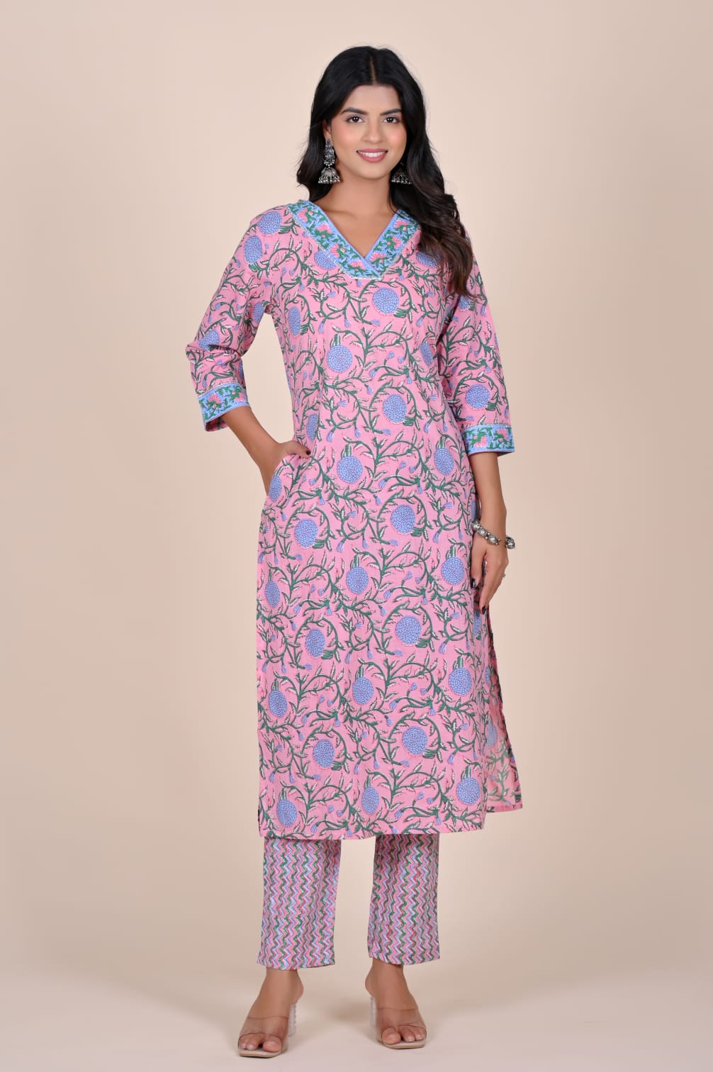 Gulabi Valli Handblock Pocket Kurti