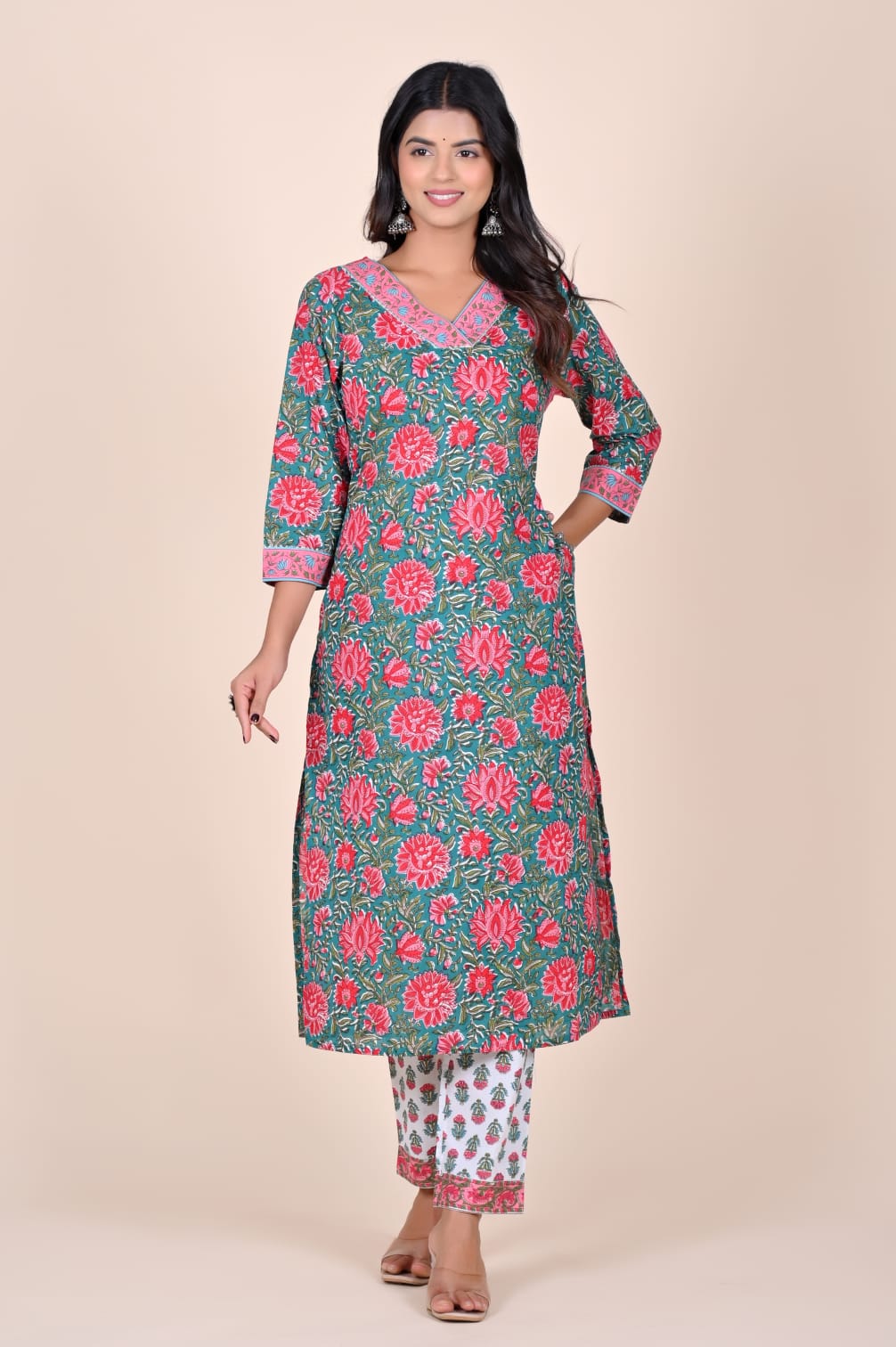 Hara Gulab Handblock Pocket Kurti