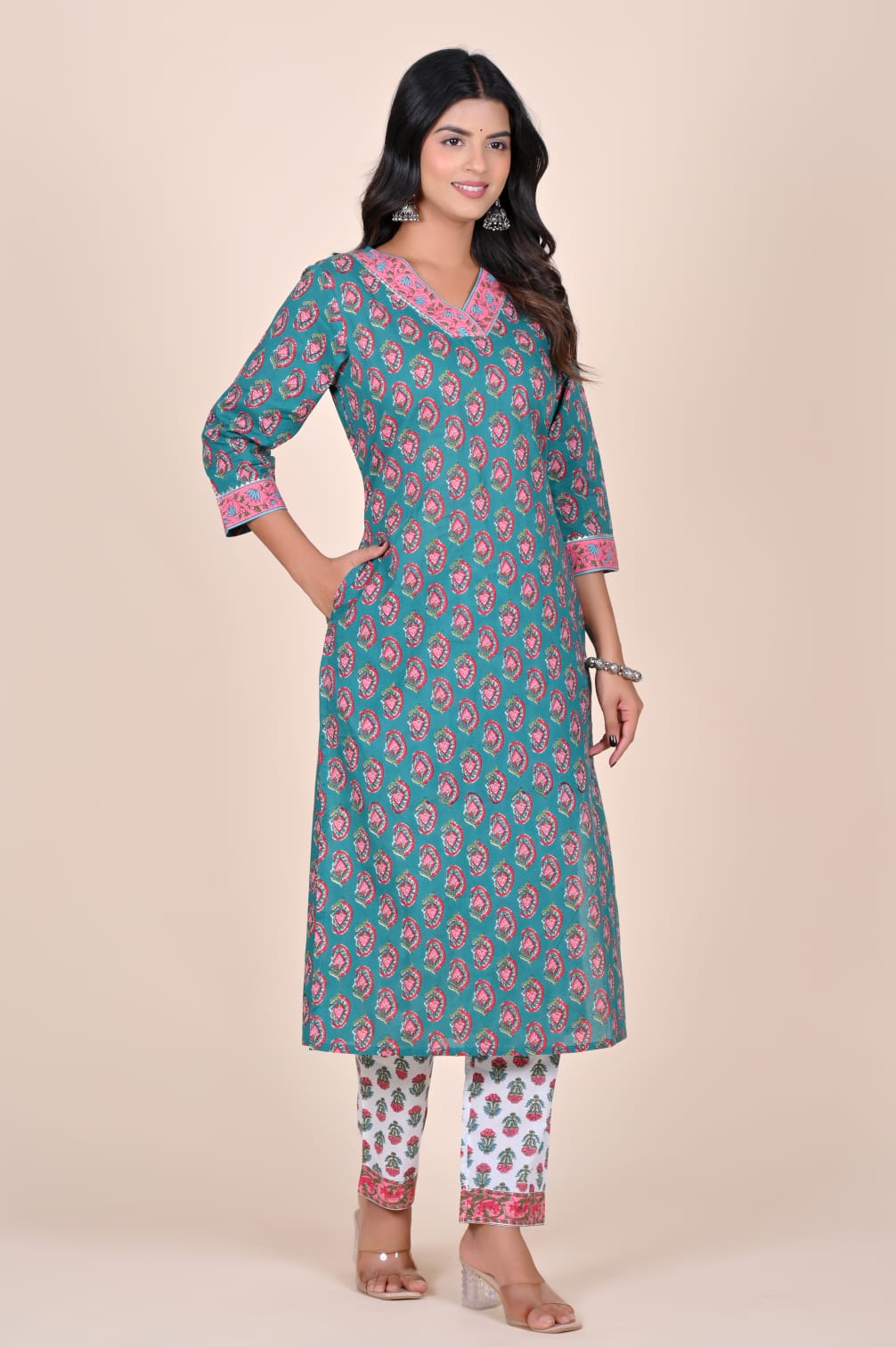 Neel Gulab Handblock Pocket Kurti