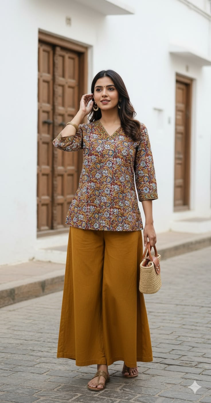 Brown Floral Print Cotton Short Top – Radhya