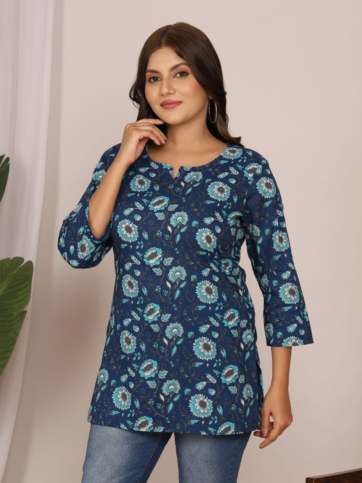 Navy & Aqua Floral Bloom Cotton Short Top – Radhya