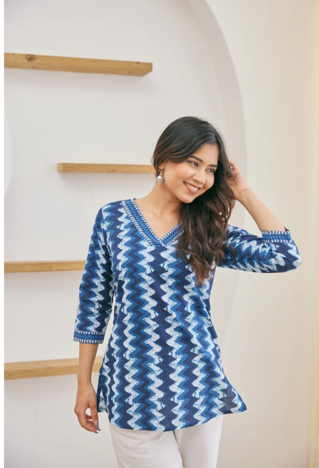 Blue Zigzag Print Cotton Short Top – Radhya