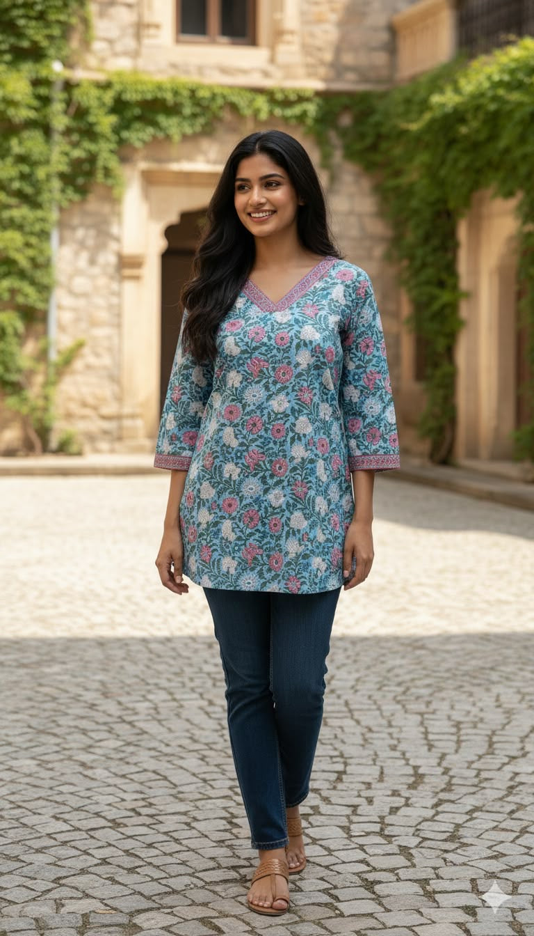 Sky Blue Pink Floral Cotton Short Top – Radhya