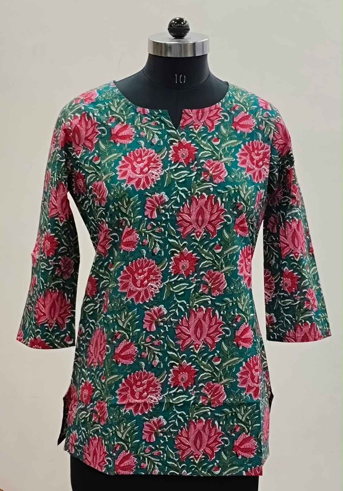 Green & Pink Lotus Floral Cotton Short Top – Radhya