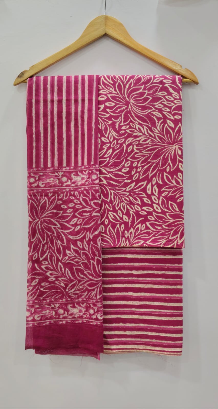 Magenta Pink Leaf Print with Striped Bottom Unstitched Cotton Suit with Mulmul Dupatta β Radhya
