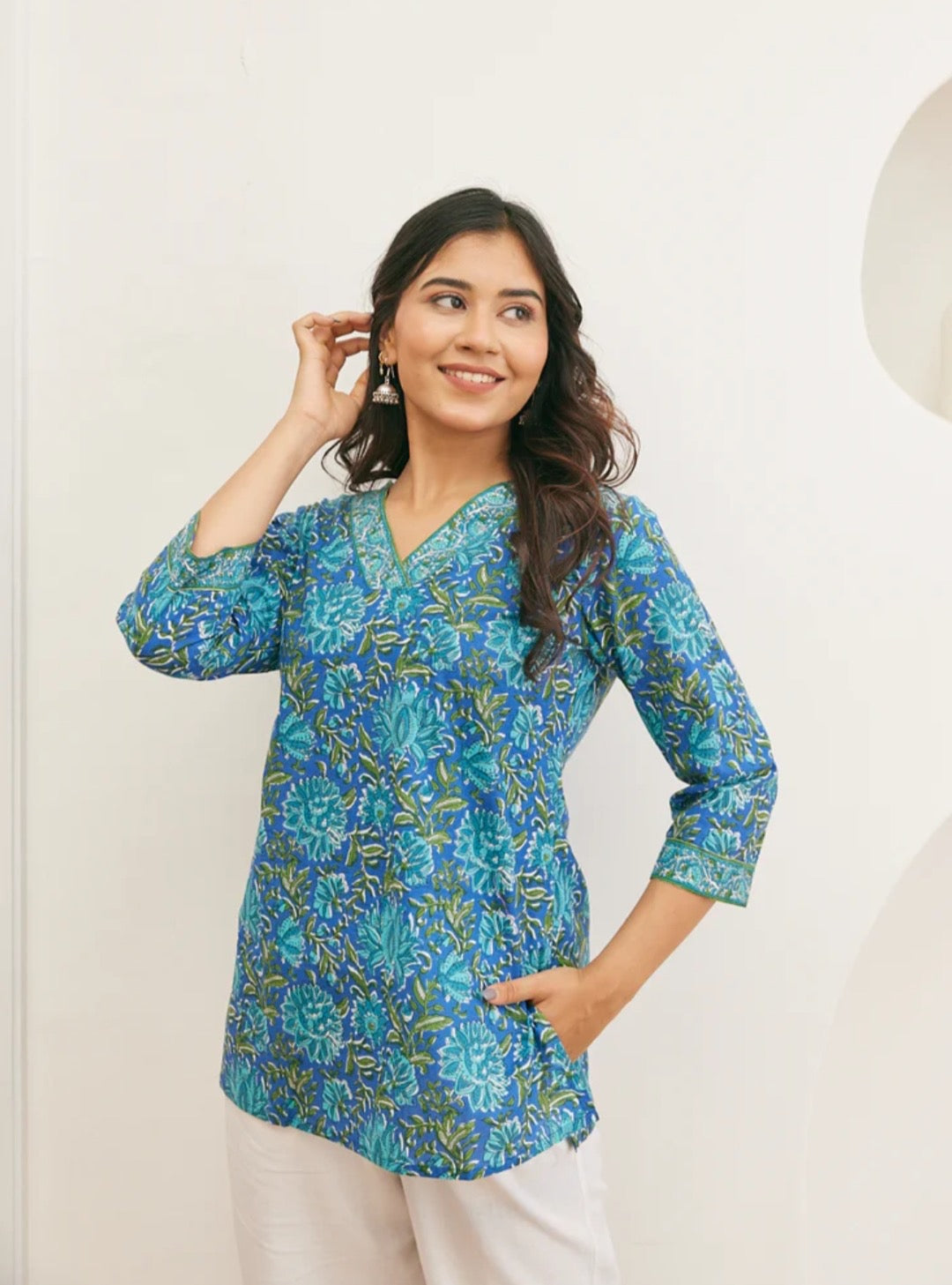 Turquoise Blue Floral Cotton Short Top – Radhya