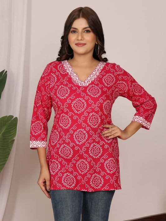 Pink Bandhani Print Cotton Short Top – Radhya