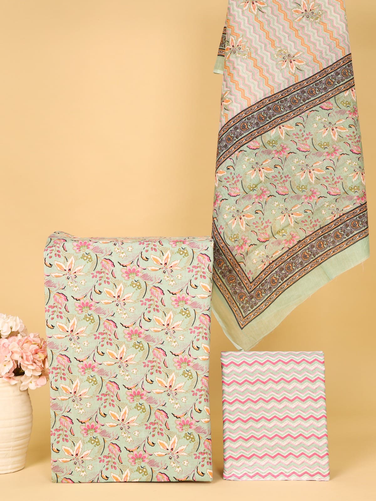 Cream Floral Print with Pastel Chevron Bottom Unstitched Cotton Suit with Mulmul Dupatta – Radhya