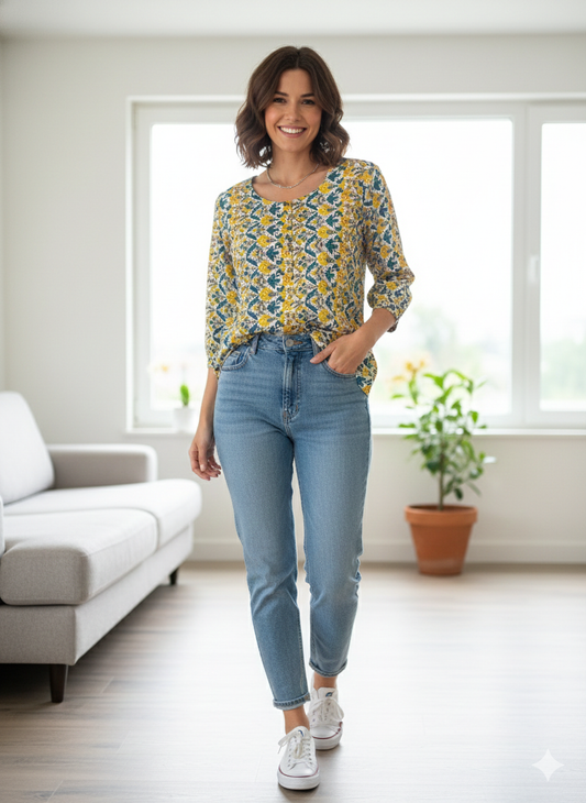 Sun-Kissed Floral Jaipuri Handblock Cotton Short Kurti