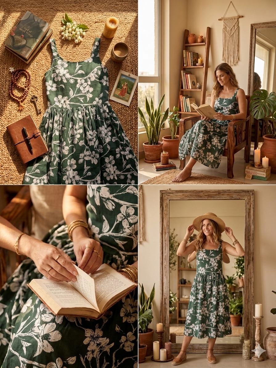 Effortless Emerald Green Floral Midi Dress | Cottagecore Summer Sundress
