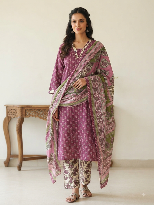 Traditional Block-Print Cotton Suit with Dupatta
